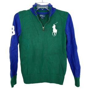 Polo Ralph Lauren Green Blue Big Pony Logo Quarter Zip Sweater Sz M Kids